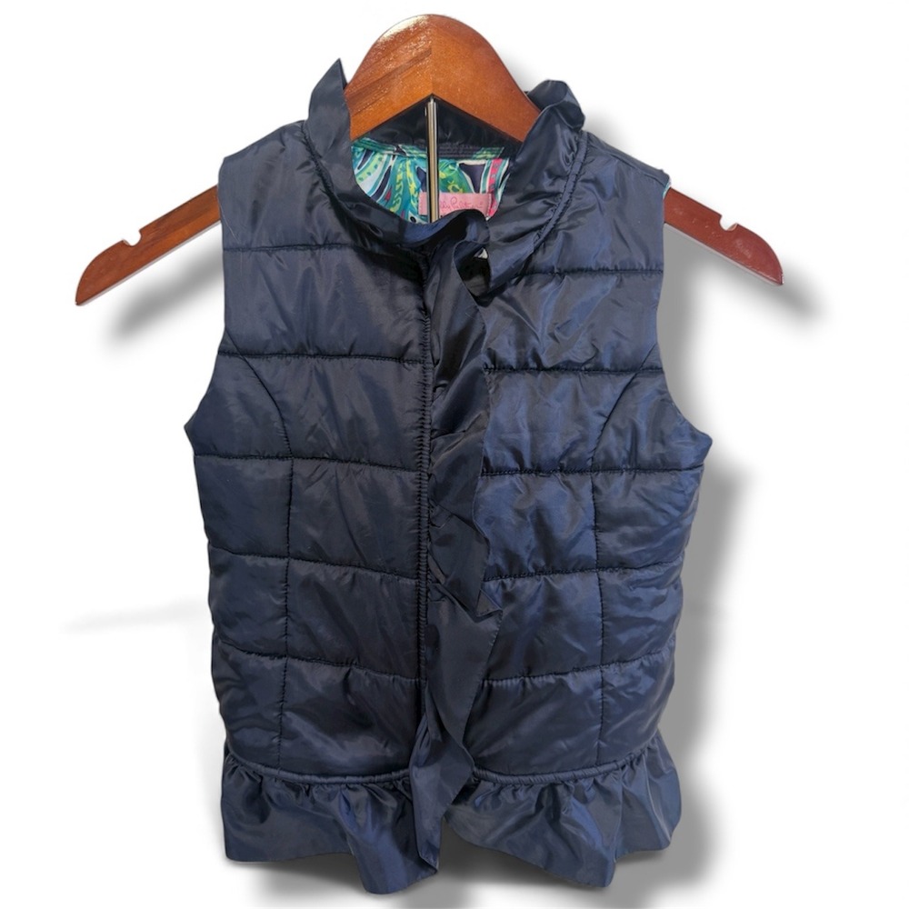 Lilly Pulitzer Puffer Vest Girls Large 8–10 Ruffle Hem‎ Quilted Navy Blue